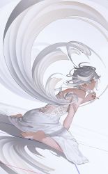 Rule 34 | 1girl, abstract, bare shoulders, barefoot, brown eyes, closed mouth, dress, dutch angle, earrings, holding, holding pen, jewelry, medium hair, mogumo, off shoulder, original, pen, sitting, solo, wariza, white dress, white hair, wings