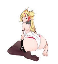 Rule 34 | ahoge, all fours, armband, ass, asymmetrical legwear, bare shoulders, blonde hair, breasts, chinese commentary, collar, commentary, earrings, fang, feet, from behind, fur trim, green eyes, highleg, highleg leotard, highres, huge ass, indie virtual youtuber, jewelry, leotard, long hair, looking at viewer, looking back, medium breasts, multicolored hair, on floor, one eye closed, original, panties under leotard, piemia1111, pointy ears, red hair, sideboob, sidelocks, simple background, sitting, soles, thick thighs, thigh strap, thighs, thong leotard, toe scrunch, two-tone hair, twoyun25, virtual youtuber, wariza, white background, white leotard, wide hips, wink
