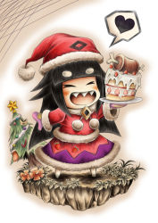Rule 34 | 1girl, alternate costume, black hair, blunt bangs, blush stickers, boned meat, brooch, cake, chibi, christmas, christmas tree, closed eyes, flower, food, fruit, gradient background, hat, heart, hidefu kitayan, holding, holding plate, jewelry, liar princess, meat, mittens, open mouth, outline, plate, pom pom (clothes), purple mittens, santa costume, santa hat, sharp teeth, solo, spoken heart, standing, strawberry, teeth, thick eyebrows, usotsuki hime to moumoku ouji