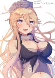 Rule 34 | 1girl, black bra, blonde hair, blue eyes, blush, bra, breasts, clothes writing, dated, front-tie top, hair between eyes, haruka faraway716, highres, iowa (kancolle), kantai collection, large breasts, long hair, navel, one-hour drawing challenge, open mouth, simple background, smile, solo, star-shaped pupils, star (symbol), symbol-shaped pupils, twitter username, underwear, white background