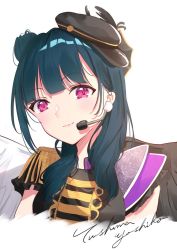Rule 34 | 1girl, artist name, artist request, asymmetrical wings, band uniform, black gloves, black hat, black shirt, black wings, blue hair, blush, breasts, collared shirt, epaulettes, female focus, fingerless gloves, frilled sleeves, frills, gloves, hair bun, hair over shoulder, hat, in the unstabe world, in the unstabe world (love live!), long hair, looking at viewer, love live!, love live! school idol festival, love live! sunshine!!, mini hat, mismatched wings, parted lips, pink eyes, purple eyes, shirt, short sleeves, shoulder pads, side bun, single hair bun, smile, solo, tsushima yoshiko, upper body, white background, white wings, wings