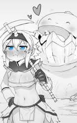 Rule 34 | 1girl, ^ ^, absurdres, armor, blue eyes, blush, breasts, cleavage, closed eyes, dodogama, elbow gloves, gem, gloves, hairband, hand on own hip, heart, highres, horns, jaw, kirin (armor), monster, monster hunter (series), niwarhythm, open mouth, pickaxe, pout