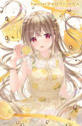 Rule 34 | 1girl, :d, bare arms, braid, breasts, brown dress, brown hair, center frills, commentary request, dress, food, frills, fruit, hair between eyes, hand up, highres, holding, holding food, lemon, lemon slice, long hair, open mouth, original, red eyes, shirt, side braid, single braid, sleeveless, sleeveless dress, sleeveless shirt, small breasts, smile, solo, sousouman, translation request, very long hair, water drop, white shirt