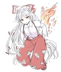 Rule 34 | 1girl, bow, collared shirt, dress shirt, fire, fujiwara no mokou, hair bow, hands in pockets, long hair, looking at viewer, miyo (ranthath), ofuda, ofuda on clothes, pants, phoenix wings, red pants, shirt, simple background, solo, suspenders, touhou, very long hair, white background, white hair, white shirt