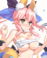 Rule 34 | 10s, 1girl, amano yuu, animal ears, blush, breasts squeezed together, breasts, fate/extra, fate (series), fox ears, hair ribbon, large breasts, lowres, oekaki, pink hair, ribbon, sarashi, solo, tamamo no mae (fate/extra), yellow eyes