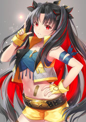 Rule 34 | 1girl, armpits, bandaid, bandaid on stomach, bare shoulders, belt, black belt, black hair, black ribbon, collarbone, commentary request, cowboy shot, crop top, cropped vest, fate/grand order, fate (series), fingerless gloves, fringe trim, gloves, grey background, grey vest, hair ribbon, hand on own hip, hand up, index finger raised, ishtar (fate), kagachi saku, long hair, looking at viewer, midriff, multicolored hair, navel, open clothes, open vest, parted bangs, red eyes, red hair, ribbon, short shorts, shorts, signature, smile, solo, space ishtar (second ascension) (fate), tiara, two-tone hair, two side up, very long hair, vest, yellow gloves, yellow shorts