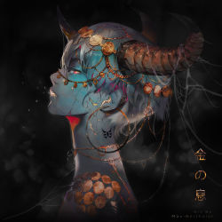 Rule 34 | 1girl, artist name, black background, blue hair, blue skin, coin (ornament), colored skin, commentary, cracked skin, drooling, earrings, english commentary, from side, glowing, head chain, highres, hoop earrings, horn ornament, horns, jewelry, looking at viewer, makushiro, neck tattoo, necklace, oni, oni horns, original, parted lips, portrait, profile, red eyes, saliva, short hair, sideways glance, silk, simple background, smoke, solo, spider web, string, tattoo, white hair
