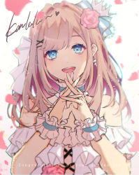 Rule 34 | 1girl, :d, bare shoulders, blue eyes, bow, brown hair, commentary, dress, english text, flower, fujikiri yana, hair bow, hair flower, hair ornament, hairclip, highres, interlocked fingers, long hair, looking at viewer, nail polish, nijisanji, off-shoulder dress, off shoulder, open mouth, pink flower, pink nails, pink rose, rose, smile, solo, striped, striped bow, suzuhara lulu, suzuhara lulu (3rd costume), upper body, virtual youtuber, white background, white bow, white dress, x hair ornament