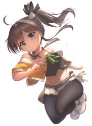Rule 34 | 1girl, ahoge, bad id, bad pixiv id, bare shoulders, black camisole, black pantyhose, black ribbon, blue eyes, boots, brown hair, camisole, cat hair ornament, collarbone, crop top, cropped jacket, foreshortening, full body, grin, hair between eyes, hair ornament, hair ribbon, halterneck, highres, hololive, jacket, looking at viewer, miniskirt, natsuiro matsuri, natsuiro matsuri (1st costume), navel, neck ribbon, nekuro (tamakooji), off-shoulder jacket, off shoulder, orange jacket, outside border, pantyhose, pinstripe camisole, pinstripe pattern, pleated skirt, ribbon, short hair, short sleeves, side ponytail, side slit, skirt, smile, solo, spaghetti strap, striped, transparent background, v-shaped eyebrows, virtual youtuber, white background, white footwear, white skirt