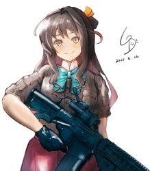 Rule 34 | 1girl, ar-15, artist logo, black hair, commentary request, dated, grey legwear, grey shirt, gun, hair ribbon, highres, kantai collection, ld (luna dial398), long hair, looking at viewer, multicolored hair, naganami (kancolle), pink hair, purple skirt, ribbon, rifle, shirt, simple background, skirt, smile, scope, solo, two-tone hair, wavy hair, weapon, white background, yellow ribbon