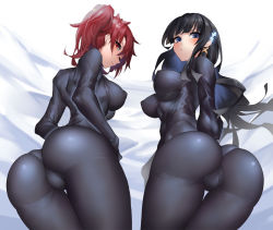 Rule 34 | 2girls, ass, black hair, blue eyes, blush, bodysuit, breasts, cameltoe, chiba erika, from behind, from below, gingami (giluziru), leaning, leaning forward, long hair, looking at viewer, looking back, looking down, mahouka koukou no rettousei, multiple girls, red eyes, red hair, shiba miyuki, shiny clothes, sideboob, skin tight, twintails