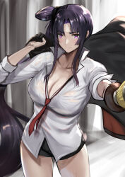 Rule 34 | 1girl, aiming, aiming at viewer, black hair, black jacket, blazer, breasts, cleavage, collarbone, fate/grand order, fate (series), hair bun, highres, holding shinai, indoors, jacket, jikihatiman, large breasts, long hair, looking at viewer, necktie, official alternate costume, parted bangs, purple eyes, red necktie, see-through, see-through shirt, shinai, shirt, side ponytail, solo, sweat, sweaty clothes, sword, taira no kagekiyo (fate), ushiwakamaru (fate), very long hair, weapon, white shirt