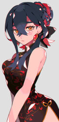 Rule 34 | 1girl, alternate hairstyle, bare shoulders, black dress, black hair, carmine (pokemon), china dress, chinese clothes, closed mouth, colored inner hair, creatures (company), crossed bangs, dress, eyelashes, game freak, hair between eyes, hair bun, hair up, highres, kawasaki (kwsk 8765), long hair, looking at viewer, mole, mole under eye, multicolored hair, nintendo, pokemon, pokemon sv, print dress, red hair, side slit, simple background, sleeveless, sleeveless dress, solo, two-tone hair, yellow eyes