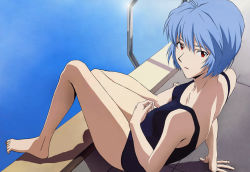 Rule 34 | 1girl, absurdres, ayanami rei, blue hair, breasts, detexted, highres, looking back, neon genesis evangelion, one-piece swimsuit, pool, pool ladder, poolside, red eyes, sasaki atsuko, short hair, small breasts, solo, swimsuit, third-party edit
