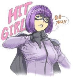Rule 34 | 1girl, bad id, bad pixiv id, black gloves, blue eyes, bob cut, bodysuit, cape, cave, character name, clenched teeth, english text, fang, gloves, hit-girl, homare (fool&#039;s art), kick-ass, looking at viewer, lowres, mask, purple bodysuit, purple hair, simple background, sketch, solo, speech bubble, superhero costume, teeth, thumbs down, upper body, white background