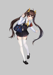 Rule 34 | 1girl, armband, bad id, bad pixiv id, badge, bag, bag charm, black footwear, black skirt, bookbag, button badge, charm (object), dress, full body, grey background, hair ribbon, hand up, handbag, highres, id card, loafers, long hair, looking at viewer, obli, original, pinafore dress, red eyes, ribbon, school uniform, shoes, simple background, skirt, sleeveless dress, solo, standing, thighhighs, twintails, v, very long hair, white thighhighs, yellow neckwear, yellow ribbon