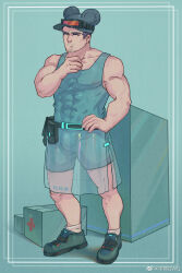 Rule 34 | 1boy, animal ears, bara, bulge, facial hair, fake animal ears, full body, goatee stubble, highres, male focus, mature male, mouse ears, muscular, muscular male, original, see-through, see-through skirt, short hair, sideways glance, skirt, solo, standing, stubble, tank top, thick eyebrows, tsurime, yu zhu qwq