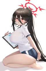 Rule 34 | 1girl, absurdres, arm behind back, bare legs, barefoot, black hair, blue archive, blue buruma, breasts, buruma, from side, full body, halo, hasumi (blue archive), hasumi (track) (blue archive), high ponytail, highres, holding, holding tablet pc, large breasts, looking at viewer, looking to the side, mole, mole under eye, official alternate costume, pekoku (tamago sushi), red eyes, seiza, shirt, sitting, solo, t-shirt, tablet pc, white shirt