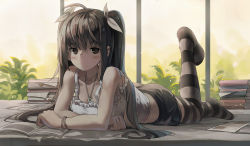 Rule 34 | 1girl, ahoge, arm support, bare arms, book, bracelet, brown eyes, brown hair, camisole, collarbone, crossed arms, day, hair ribbon, huanxiang huifeng, indoors, jewelry, leg up, long hair, looking at viewer, lying, necklace, no shoes, on stomach, open book, original, plant, ribbon, skirt, sleeveless, solo, striped clothes, striped thighhighs, thighhighs, twintails, white ribbon, window