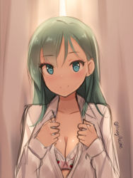 Rule 34 | 10s, 1girl, bad id, bad pixiv id, blue eyes, blush, bra, breasts, cleavage, curtains, dress shirt, eyeshadow, food-themed clothes, food print, green hair, highres, indoors, kantai collection, lace, lace-trimmed bra, lace trim, light smile, lingerie, long hair, long sleeves, looking at viewer, makeup, open clothes, open shirt, pink bra, shirt, shuuichi, sketch, smile, solo, strawberry print, suzuya (kancolle), twitter username, underwear, undressing, upper body, white shirt