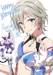 Rule 34 | 1girl, anastasia (idolmaster), blue eyes, breasts, earrings, english text, fingerless gloves, gloves, idolmaster, idolmaster cinderella girls, jewelry, looking at viewer, medium breasts, microphone stand, necklace, off shoulder, short hair, signature, silver hair, simple background, smile, solo, taku1122, waving, white background