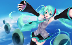 Rule 34 | 1girl, :d, aqua eyes, aqua hair, armpits, cait aron, cloud, day, detached sleeves, hatsune miku, headset, highres, long hair, necktie, open mouth, outstretched arms, skirt, sky, smile, solo, speaker, spread arms, thighhighs, twintails, very long hair, vocaloid, wallpaper, zettai ryouiki