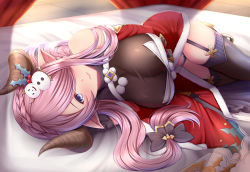 Rule 34 | 1girl, absurdres, bare shoulders, bed sheet, black gloves, black panties, black thighhighs, blue eyes, breasts, cleavage, closed mouth, draph, closed eyes, fur trim, garter straps, gloves, granblue fantasy, hair ornament, hair over one eye, highres, holly hair ornament, horns, large breasts, long hair, long sleeves, looking at viewer, lying, melopun, narmaya (granblue fantasy), narmaya (holiday) (granblue fantasy), on bed, on side, panties, pink hair, pointy ears, pom pom (clothes), see-through, smile, snowman hair ornament, solo, thighhighs, underwear, very long hair