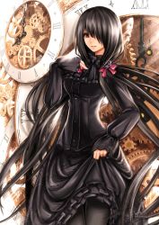 Rule 34 | 10s, 1girl, black dress, breasts, clock, date a live, dress, flower, goth fashion, hair ornament, hair over one eye, lolita fashion, long hair, long skirt, long sleeves, open mouth, pantyhose, puffy sleeves, purple rose, ribbon, rose, skirt, solo, standing, thighs, tokisaki kurumi, twintails, very long hair