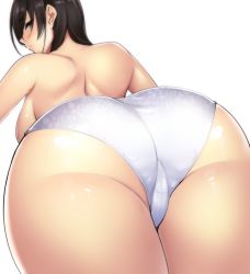Rule 34 | 1girl, ass, ass focus, breasts, brown eyes, brown hair, curvy, huge ass, large breasts, long hair, looking at viewer, looking back, original, panties, shiny skin, sideboob, simple background, solo, thick thighs, thighs, tomohiro kai, trefoil, underwear, white background, white panties, wide hips