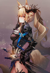 Rule 34 | 1girl, absurdres, animal ears, arknights, armor, armored dress, ascot, black dress, black thighhighs, blemishine (arknights), blemishine (moon catastrborn) (arknights), blonde hair, breasts, closed mouth, cowboy shot, crown, dress, female focus, finger to mouth, from side, gauntlets, gradient background, highres, horse ears, horse girl, horse tail, index finger raised, light particles, long hair, looking at viewer, looking to the side, medium breasts, official alternate costume, pelvic curtain, ponytail, profile, red eyes, sheath, sheathed, shiro kanae, shushing, sideways glance, skull, smile, solo, sword, tail, thighhighs, very long hair, weapon, white ascot