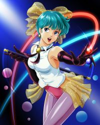 Rule 34 | 1girl, :d, black gloves, black ribbon, blue eyes, blue hair, bow, breasts, collared shirt, commentary request, dress shirt, earrings, elbow gloves, gloves, grey pantyhose, hair bow, highres, holding, jewelry, kazuki mai, leaning forward, leotard, looking to the side, magical emi, mahou no star magical emi, medium breasts, neck ribbon, open mouth, pantyhose, partial commentary, polka dot, polka dot bow, red leotard, ribbon, shiny clothes, shiny legwear, shirt, short hair, sleeveless, sleeveless shirt, smile, solo, sparkle, standing, tamanegiinyo, white shirt, wing collar, yellow bow