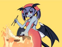 Rule 34 | &gt;:d, 1girl, :d, apron, bare shoulders, black sclera, blue skin, chopsticks, colored sclera, colored skin, cooking, demon girl, demon wings, devil (monster girl encyclopedia), earrings, fangs, fire, flat color, flipping food, food, fried rice, frying pan, head scarf, head wings, heart, heart apron, heart earrings, jewelry, monster girl, monster girl encyclopedia, monster girl encyclopedia ii, nav (itsnav), open mouth, pointy ears, purple hair, red apron, red eyes, short hair, simple background, smile, solo, tail, teeth, v-shaped eyebrows, wings, yellow background
