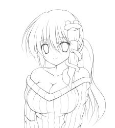 Rule 34 | 1girl, alternate costume, alternate hairstyle, bare shoulders, breasts, cleavage, collarbone, frog hair ornament, greyscale, hair ornament, highres, kochiya sanae, large breasts, long hair, looking at viewer, monochrome, off-shoulder, off-shoulder sweater, off shoulder, osashin (osada), ponytail, smile, snake hair ornament, solo, sweater, touhou, transparent background