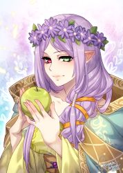 Rule 34 | alternate hairstyle, apple, breasts, commentary, crescentia fortuna, english commentary, fire emblem, fire emblem heroes, flower, food, fruit, green eyes, hair flower, hair ornament, hair over shoulder, head wreath, heterochromia, highres, holding, holding food, holding fruit, idunn (divine demon) (fire emblem), idunn (fire emblem), large breasts, light persona, nintendo, official alternate costume, pointy ears, purple hair, red eyes, signature, upper body