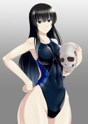 Rule 34 | 10s, 1girl, armpits, bare shoulders, black eyes, black hair, breasts, commentary request, competition swimsuit, curvy, gradient background, grey background, hand on own hip, hassen (8cm), holding, holding skull, kujou sakurako (sakurako), large breasts, long hair, looking at viewer, mole, mole under eye, one-piece swimsuit, sakurako-san no ashimoto ni wa shitai ga umatteiru, shiny clothes, simple background, skull, solo, standing, swimsuit, thick thighs, thighs, white background, wide hips