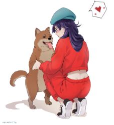 Rule 34 | 1girl, aqua headwear, ass, bambietta basterbine, black hair, bleach, bleach: sennen kessen-hen, blue eyes, blush, character name, commentary request, dog, full body, highres, holding paw, jacket, long hair, long sleeves, looking at animal, midriff, official alternate costume, pants, red jacket, red pants, squatting, tiptoes, white background, yukitoko