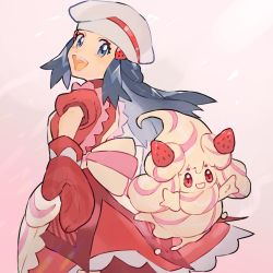 Rule 34 | 1girl, :d, alcremie, alcremie (strawberry sweet), bad id, bad twitter id, blush, commentary request, creatures (company), dawn (palentine&#039;s 2021) (pokemon), dawn (pokemon), dress, eyelashes, floating hair, game freak, gen 8 pokemon, grey eyes, grey hair, grey headwear, hat, long hair, looking at viewer, looking back, mittens, nintendo, official alternate costume, open mouth, pokemon, pokemon (creature), pokemon masters ex, rata (m40929), red dress, red mittens, smile, teeth, tongue