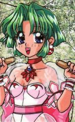 Rule 34 | 1990s (style), 1girl, blue eyes, bow, breasts, earrings, ellis (toushinden), female focus, green hair, happy, jewelry, leotard, lowres, necklace, open mouth, retro artstyle, ribbon, see-through, short hair, solo, toushinden, wrist cuffs