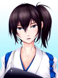 Rule 34 | 1girl, absurdres, black eyes, black hair, blush, breasts, collarbone, expressionless, gradient background, hair tie, highres, japanese clothes, junk life, kaga (kancolle), kantai collection, kimono, large breasts, long hair, muneate, open mouth, short hair, side ponytail, sidelocks, simple background, solo, tasuki, tsurime, upper body, white kimono