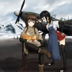Rule 34 | 2girls, aircraft, anabuki tomoko, apron, black hair, blue eyes, book, boots, brown hair, chair, cigarette, day, elizabeth f. beurling, endlessgr8, grey eyes, hand on own hip, hawker hurricane, highres, holding another&#039;s hair, japanese clothes, multiple girls, open mouth, outdoors, pantyhose, scissors, shadow, silhouette demon, sitting, smoking, snow, standing, strike witches, world witches series
