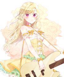 Rule 34 | 1girl, bang dream!, bare shoulders, bass guitar, blonde hair, blush, choker, commentary, detached sleeves, dress, floral background, frilled sleeves, frills, hair ribbon, highres, instrument, long hair, music, parted lips, patzzi, playing instrument, purple eyes, ribbon, shirasagi chisato, short sleeves, solo, symbol-only commentary, wrist ribbon, yellow choker, yellow dress, yellow ribbon