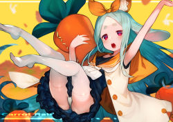 Rule 34 | 1girl, absurdly long hair, animal ears, aqua hair, arm up, blue dress, blush, bukurote, clothes between thighs, dress, ears down, hair ribbon, head tilt, legs up, long hair, looking at viewer, lying, neckerchief, no shoes, hugging object, on back, open clothes, open dress, open mouth, orange ribbon, orange sailor collar, original, outstretched arm, panties, parted bangs, rabbit ears, red eyes, ribbon, sailor collar, sailor dress, solo, stuffed carrot, stuffed toy, teeth, thick eyebrows, thighhighs, underwear, upper teeth only, very long hair, white neckerchief, white panties, white thighhighs