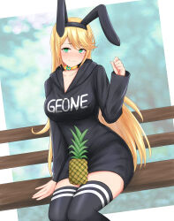 Rule 34 | 1girl, absurdres, animal ears, bench, black hoodie, black thighhighs, blonde hair, blush, choker, clothes writing, commission, commissioner upload, food, fruit, geone, green eyes, hand on chair, highres, hood, hoodie, keiizumi, light smile, long hair, looking at viewer, pineapple, rabbit ears, thighhighs, vrchat