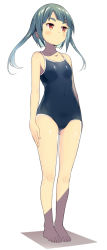 Rule 34 | 1girl, barefoot, blue hair, blush, breasts, competition school swimsuit, eyebrows, feet, full body, long hair, one-piece swimsuit, original, red eyes, school swimsuit, simple background, small breasts, solo, standing, swimsuit, twintails, white background, zpolice