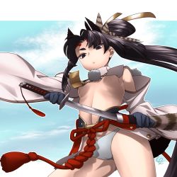Rule 34 | 1girl, armor, bad id, bad pixiv id, black eyes, black hair, blue gloves, breasts, cameltoe, detached sleeves, fate/grand order, fate (series), from below, gloves, highres, holding, holding weapon, japanese armor, katana, kusazuri, long hair, looking at viewer, navel, sheath, shimomoto, side ponytail, solo, sword, underboob, unsheathing, ushiwakamaru (fate), very long hair, weapon