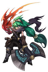 Rule 34 | 1girl, armor, axe, bandaged arm, bandages, black scarf, brown gloves, ds hand55, eyes visible through hair, fire, gloves, goggles, goggles on head, greaves, green eyes, green hair, hair between eyes, highres, holding, holding axe, holding weapon, long hair, original, parted lips, runes, scarf, simple background, solo, standing, torn clothes, torn scarf, weapon, white background