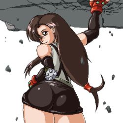 Rule 34 | 1990s (style), ass, brown eyes, brown hair, final fantasy, final fantasy vii, hip focus, huge ass, leather skirt, lowres, miniskirt, ponytail, ren (tainca2000), retro artstyle, skirt, smile, tank top, thick thighs, thighs, tifa lockhart, wide hips