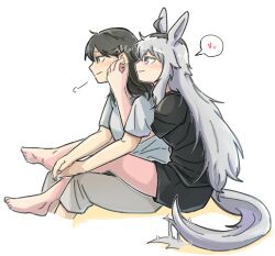 Rule 34 | 2girls, absurdres, ahoge, animal ears, barefoot, black hair, black shirt, blush, closed mouth, commentary request, couple, full body, grey eyes, grey hair, hand on another&#039;s ear, heart, highres, horse ears, horse girl, horse tail, hug, hug from behind, korean commentary, leg wrap, long hair, looking at another, multicolored hair, multiple girls, oguri cap (umamusume), puff of air, seung-aeja, shirt, short sleeves, simple background, sitting, smile, spoken heart, tail, tail wagging, trainer (umamusume), umamusume, white background, white hair