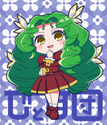 Rule 34 | 1girl, :d, blue background, brown footwear, brown jacket, butterfly hair ornament, chibi, commentary request, drill hair, full body, green hair, hair ornament, hanayashiki midoriko, hand on own chin, hand up, jacket, juliet sleeves, long hair, long sleeves, looking at viewer, open mouth, parted bangs, pleated skirt, pretty series, puffy sleeves, school uniform, shoes, skirt, smile, soboro (jitome dan), solo, standing, translation request, waccha primagi!, yellow eyes