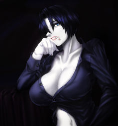 Rule 34 | 1girl, black hair, blue eyes, blue shirt, breasts, cigarette, cleavage, collarbone, curvy, dress shirt, hair over one eye, hand on own cheek, hand on own face, huge breasts, long sleeves, looking at viewer, mouth hold, no bra, okai, one eye covered, pale skin, parted lips, persona, persona 2, serious, shirt, short hair, smoking, solo, teeth, unbuttoned, upper body, yoshizaka anna